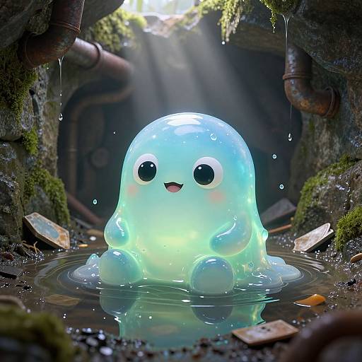 Digital artwork: Adorable, glowing blue slime creature with large black eyes and small smile, sitting in a mossy, sunlit, water-filled pipe