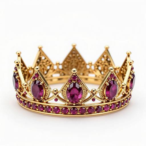 Photograph of an ornate, gold crown adorned with large, faceted purple gemstones and smaller red ones, featuring a detailed, symmetrical design