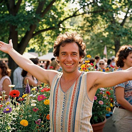 Photograph of a smiling man with curly brown hair, arms raised, wearing a sleeveless, striped shirt, surrounded by vibrant flowers and a crowd in