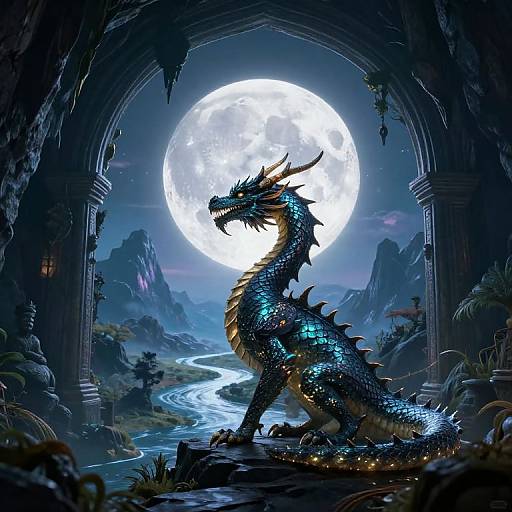 Digital fantasy artwork of a glowing blue dragon with bioluminescent scales, standing under a full moon through a ruined archway.