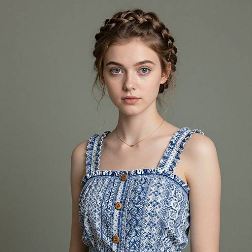 Young woman with fair skin, blue eyes, and braided brown hair wearing a blue floral dress with wooden buttons, against a gray background. Photographic