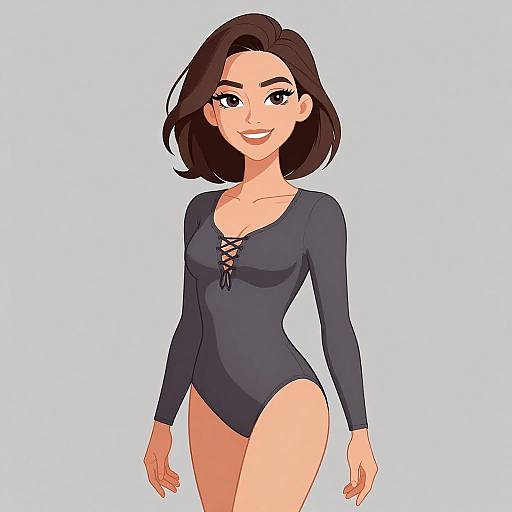 Digital illustration of a smiling woman with fair skin, dark brown bob haircut, wearing a dark navy, long-sleeve, lace-up bodysuit