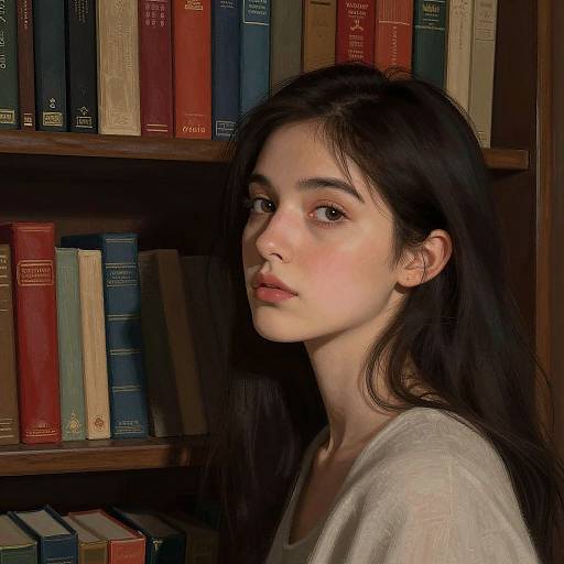 Photograph of a young woman with long dark hair, fair skin, and subtle makeup, standing in front of a wooden bookshelf filled with colorful books