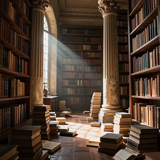 Photograph of a sunlit, ancient library with tall marble columns, stacked books, and sunbeams streaming through arched windows.