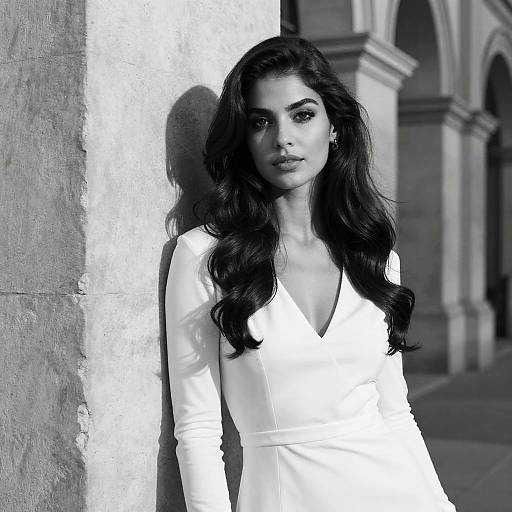Black-and-white photograph of a striking woman with long, wavy hair, wearing a V-neck white dress, leaning against a textured wall in an ar