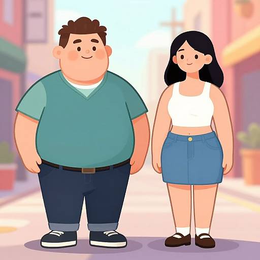Cartoon-style drawing of a chubby man in a teal shirt and black pants, standing next to a slim woman in a white tank top and blue skirt