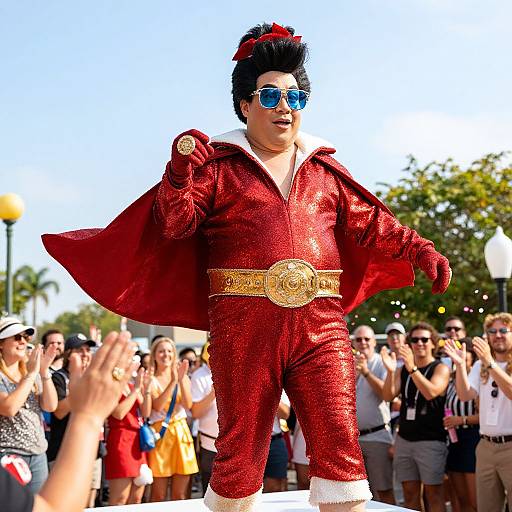 Photograph of a man in a glittery red superhero costume with blue sunglasses and a red cape, standing confidently in front of a cheering crowd outdoors.