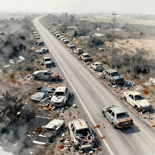 Aerial photograph of a long, congested road with damaged, abandoned cars on both sides, surrounded by smoke and desolate landscape.