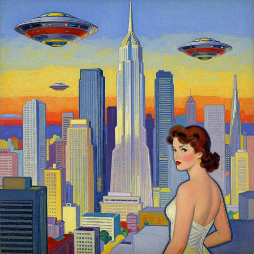 Digital painting of a red-lipped, brown-haired woman in a strapless white dress, gazing at a futuristic cityscape with flying saucers