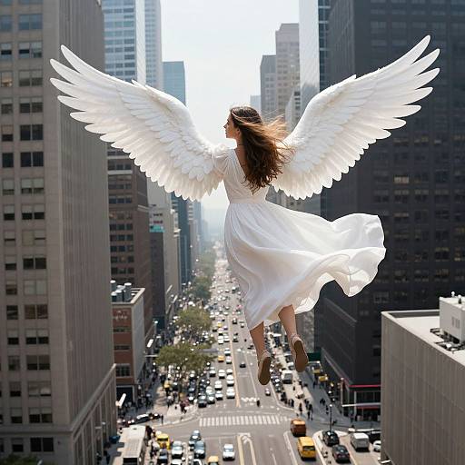 Photograph of a woman with white angel wings and flowing white dress, soaring above a busy urban city street with tall buildings and cars.