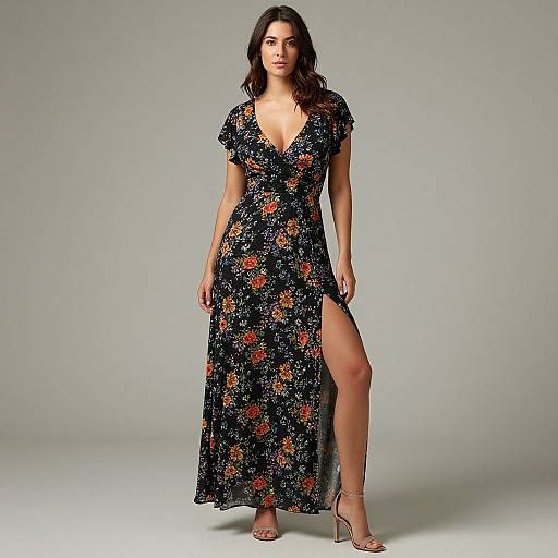 Photograph of a dark-haired woman in a black floral dress with a deep V-neck and thigh-high slit, standing against a plain gray background. She