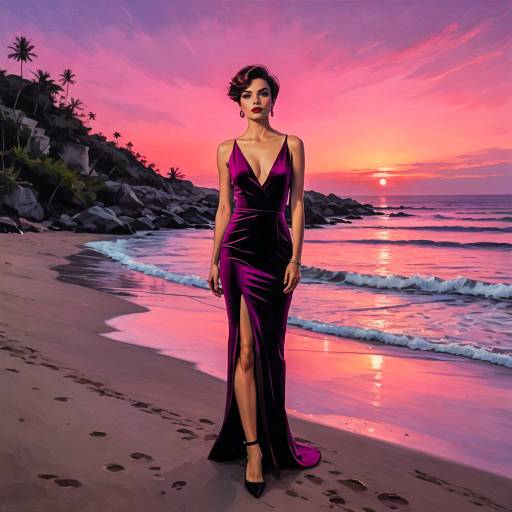 Elegant Woman in Fuchsia Dress at Beach Sunset