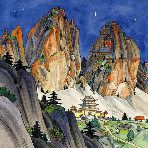 Surreal Mountain Temple Tattoo Art