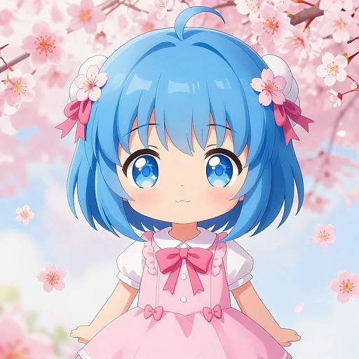 Chibi anime girl with blue hair, blue eyes, pink bow dress, and flower hairpins, standing among blooming cherry blossoms. Digital art