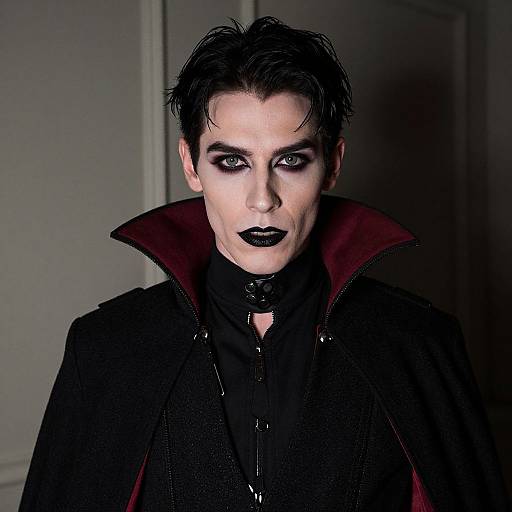 Photograph of pale, dark-haired man with intense black makeup, gothic black outfit, high red collar, and dark lips, staring forward.