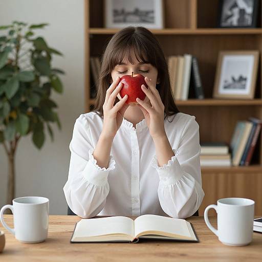 Woman with Red Apple at Cozy Desk