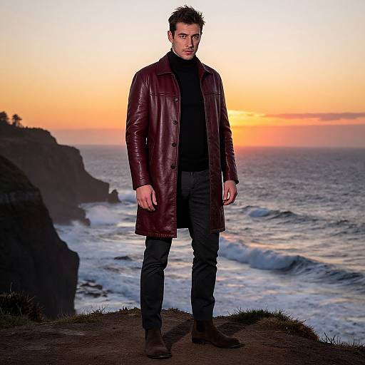 Photograph of a handsome man with short dark hair, wearing a dark maroon leather coat, black turtleneck, and jeans, standing on a