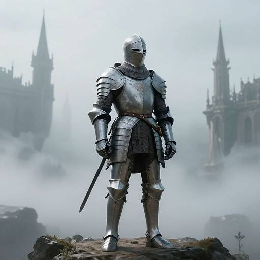 Photorealistic CGI of a silver-armored knight with a helmet, standing on a rocky outcrop, holding a sword, with misty, go