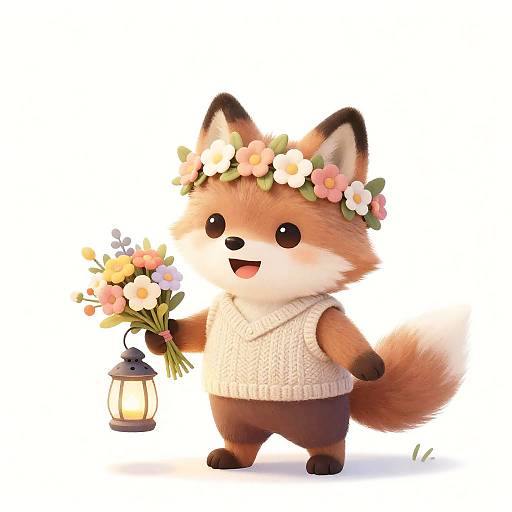 Cute Fluffy Werewolf with Flower Crown and Lantern