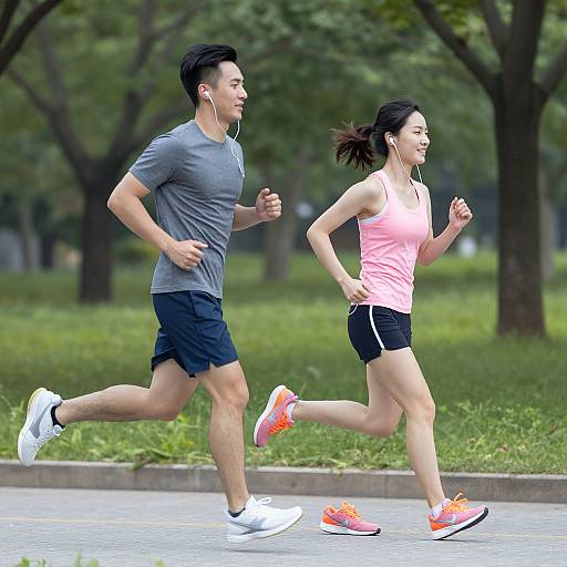 Photograph of a young Asian couple jogging in a park; he in a gray shirt and black shorts, she in a pink tank top and black shorts