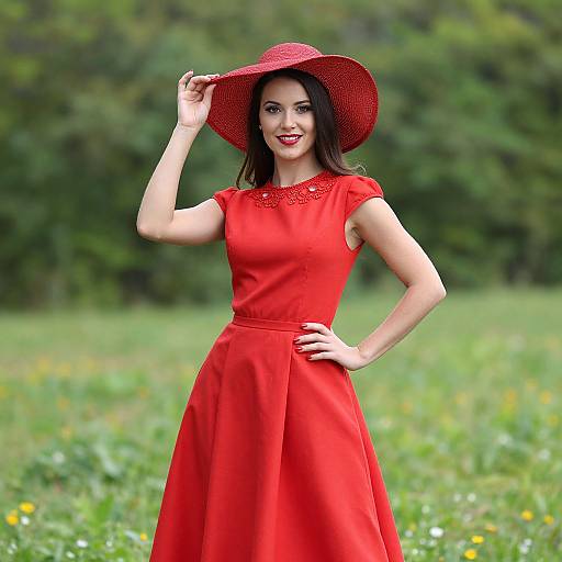 Photograph of a smiling woman in a bright red dress and wide-brimmed hat, standing in a green meadow with blurred trees in the background