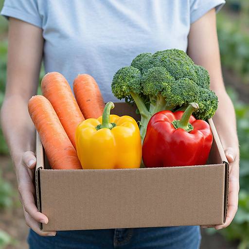 Photograph of a person in a white shirt holding a cardboard box with bright orange carrots, yellow bell pepper, red bell pepper, and broccoli, set