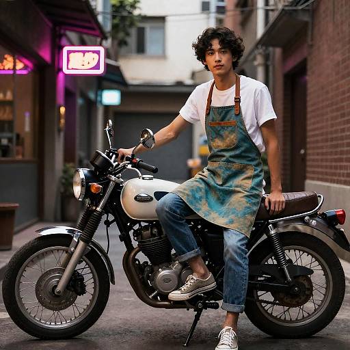 Punk Barista on Vintage Motorcycle, Neon Alley