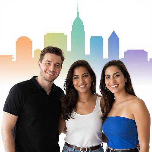Group Portrait with Colorful Skyline Background