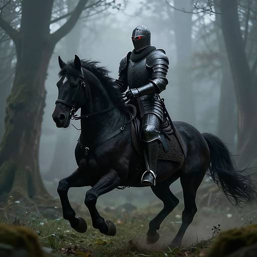 Black Armored Knight in Enchanted Forest