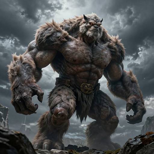 Digital art of a massive, muscular werewolf with fur-covered body, sharp claws, and fierce expression, standing in a rocky, stormy landscape.