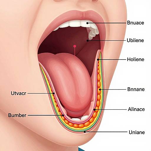 Close-up digital illustration of a human mouth, labeled: Uvula, Tongue, Bumper, Buccal, Uline, Holocene,
