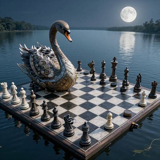 Photograph of a floating chessboard with black and white pieces, featuring a detailed silver swan as the queen, under a full moon over a calm
