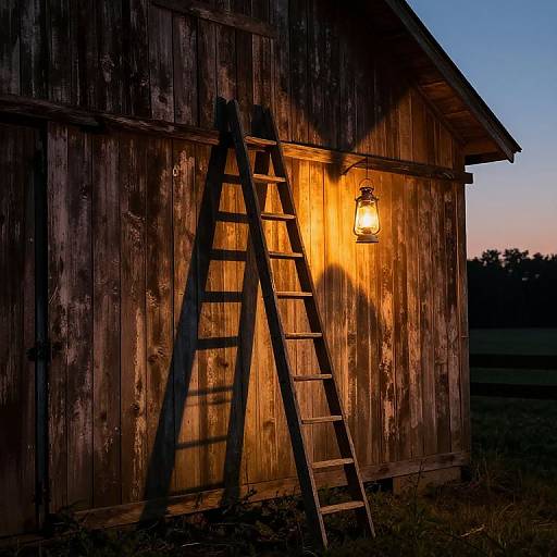 Photograph of a rustic wooden shed at dusk, illuminated by a glowing lantern, with an old ladder leaning against the weathered wall.