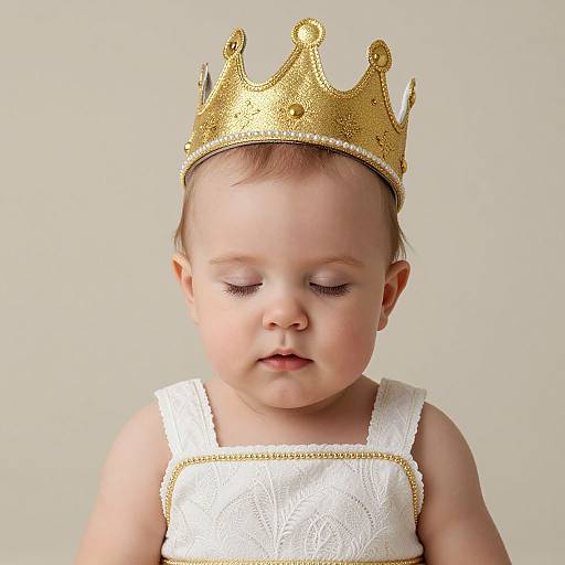 Photograph of a baby with closed eyes, wearing a gold glittery crown and a white lace sleeveless dress, against a plain beige background.