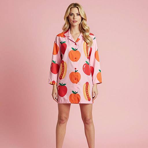 Woman in Pink Food Pattern Dress