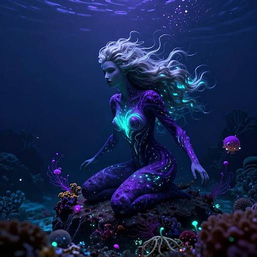 Digital artwork of a glowing, mermaid-like woman with flowing white hair, purple bioluminescent skin, kneeling underwater among colorful coral and marine life