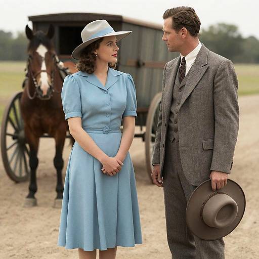 1940s Couple in Vintage Attire with Horse and Wagon