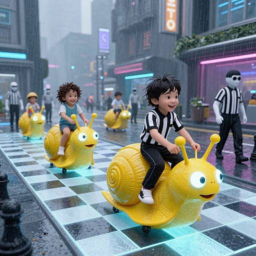 Cyberpunk Kids Riding Glowing Snails