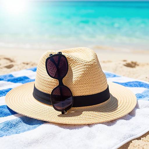 Photograph of a straw hat with black band and circular sunglasses resting on a blue and white striped beach towel on sandy shore, with turquoise ocean in the