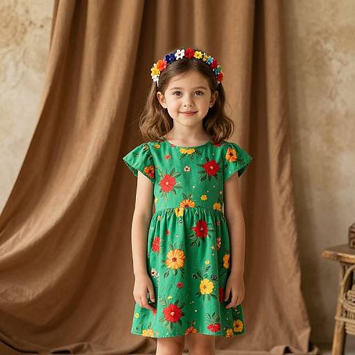 Photograph of a young girl with fair skin, brown wavy hair, wearing a green floral dress and colorful flower headband, standing against a brown