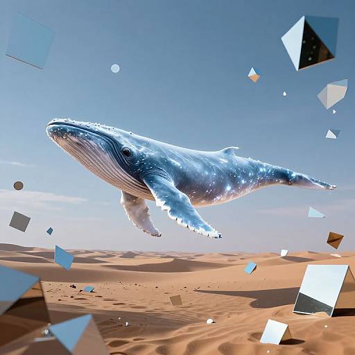 Digital artwork of a glowing, ethereal blue whale soaring over a sandy desert, surrounded by floating geometric shapes and a bright sky.