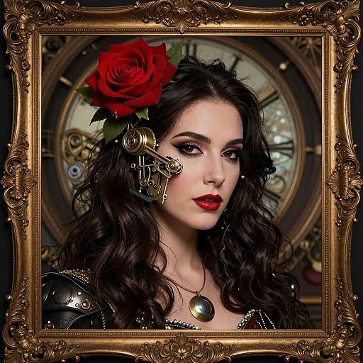 Steampunk portrait of a pale-skinned woman with dark curly hair, red rose, clock parts, red lipstick, in an ornate gold frame