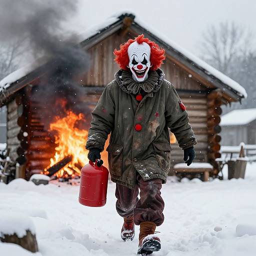 Evil Clown with Gas Can in Snowy Scene