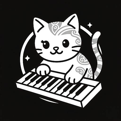 Cat Playing Synth with Gond Art Patterns