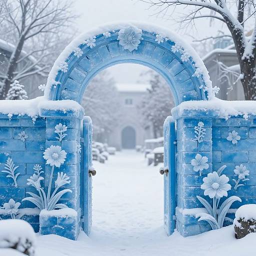 Whimsical Frosty Blue Archway with Floral Ice Sculptures