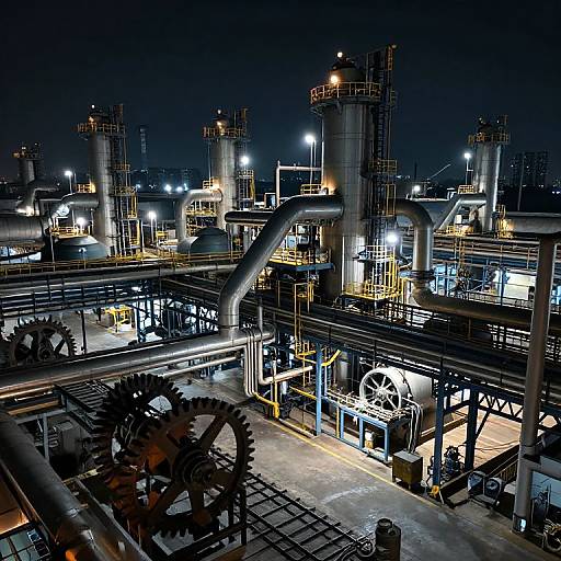 Nighttime photograph of an illuminated industrial factory with multiple towers, pipes, gears, and lights, showcasing a complex, mechanical landscape.