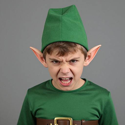 Photograph of a young Caucasian man with pointed elf ears, green hat, and shirt, angrily yelling against a gray background.