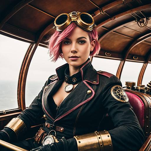 Steampunk Pilot with Pink Hair in Brass Airship