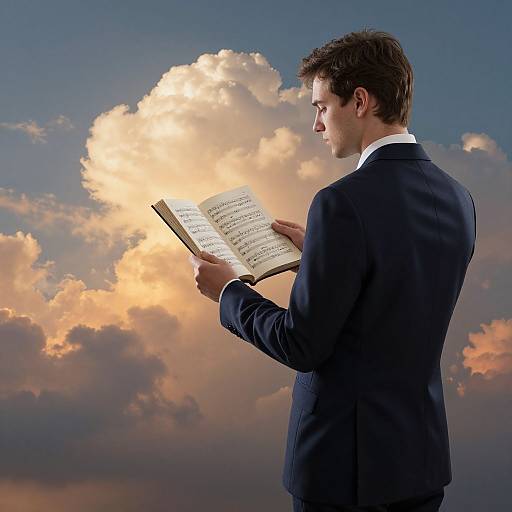 Photograph of a young man in a black suit, reading an open music sheet, against a dramatic sunset sky with golden clouds.
