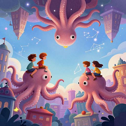 Digital illustration of two children riding pink octopuses in a whimsical cityscape at sunset, with a giant pink octopus above. Stars and const